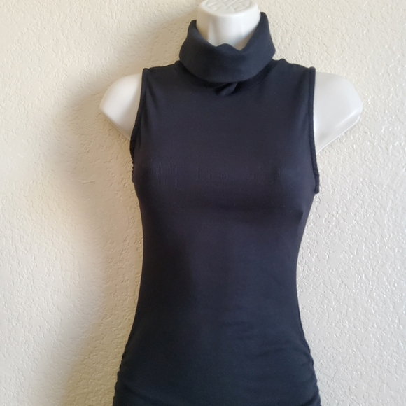 New Michael Stars Macy Ultra Rib Ruched Black Bodycon Turtleneck Mini Dress XSP - Picture 5 of 11